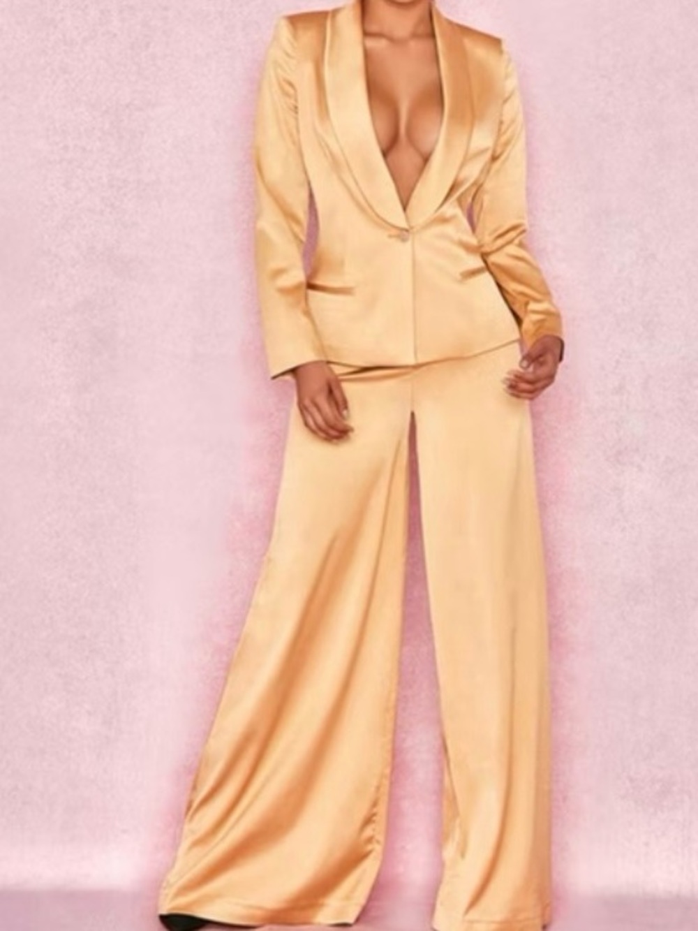 House of CB Gold Yellow Satin Wide-Leg Blazer & Split Pants Set
